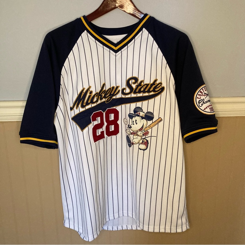Disney Parks Mickey State Baseball Jersey Men’s Large Navy Blue White